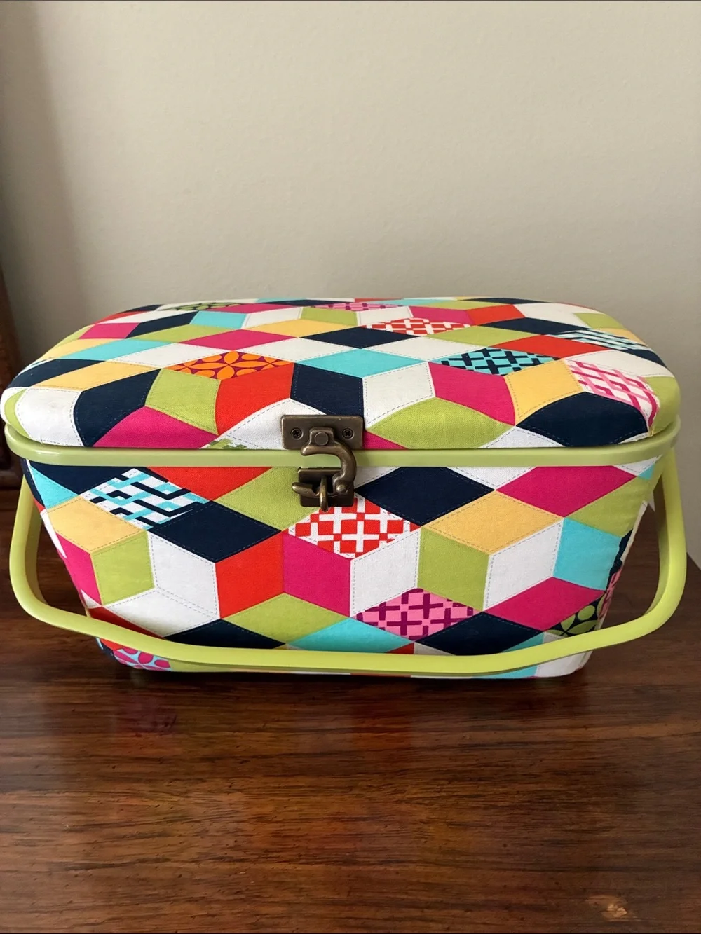 Vintage Style Multi-Color Geometric Fabric Sewing Basket W/Tray Pincushion